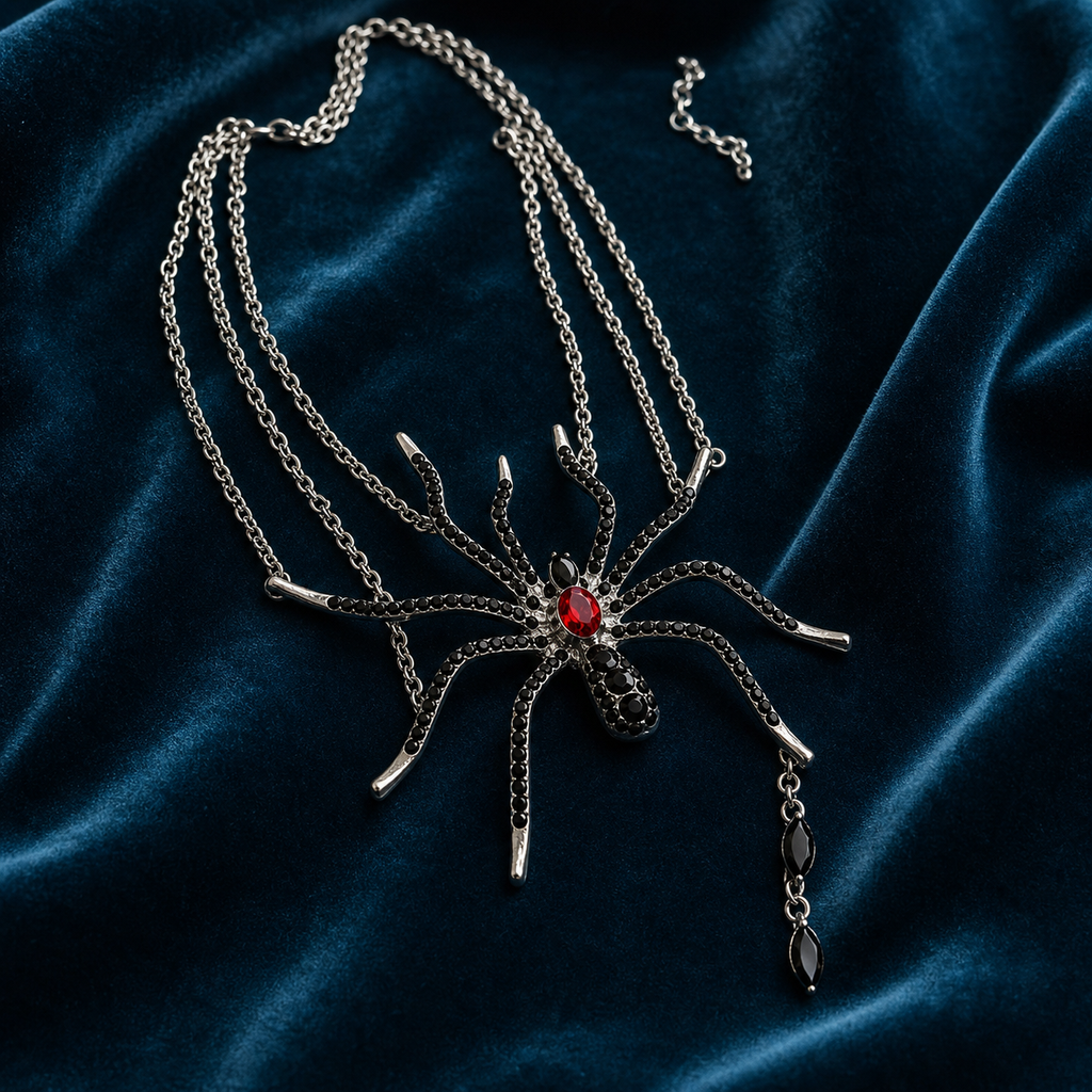 Layered gothic spider statement necklace styled on petrol blue velvet