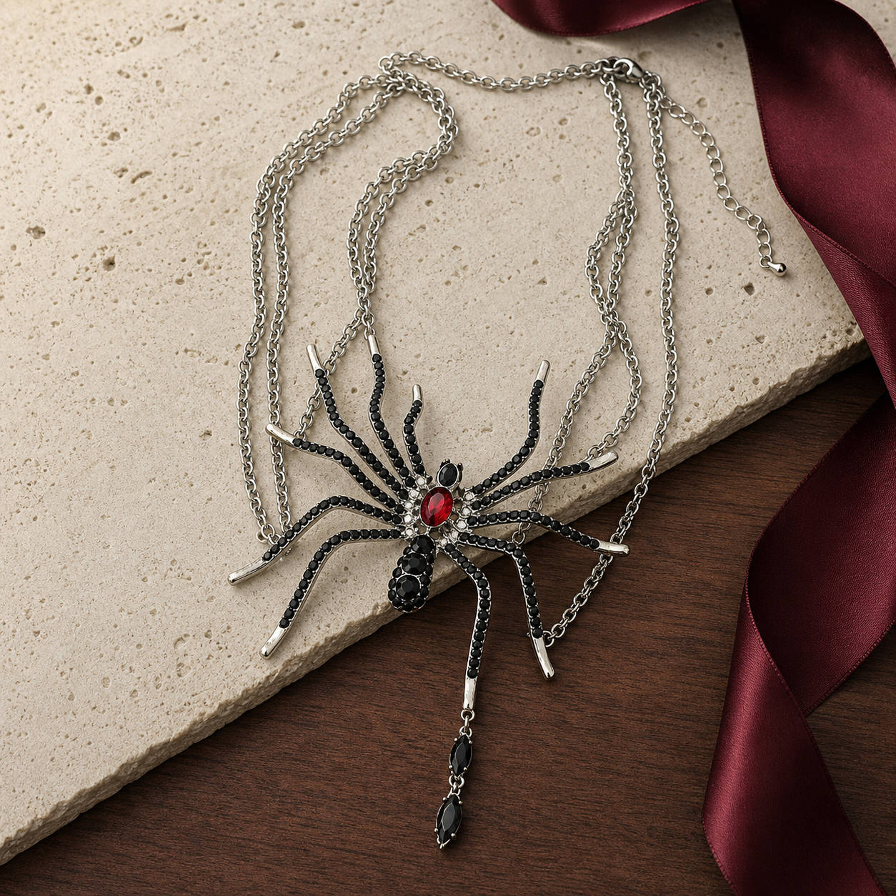 Layered gothic spider statement necklace arranged on travertine and walnut