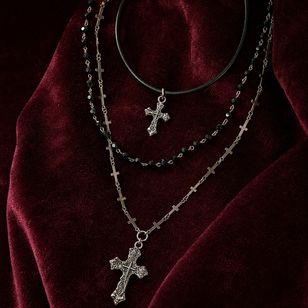 Layered Y2K cross and bead necklace styled on burgundy velvet