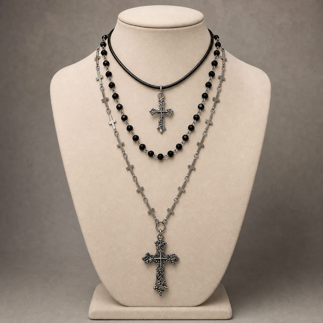 Layered Y2K cross and bead necklace displayed on a light taupe jewelry bust