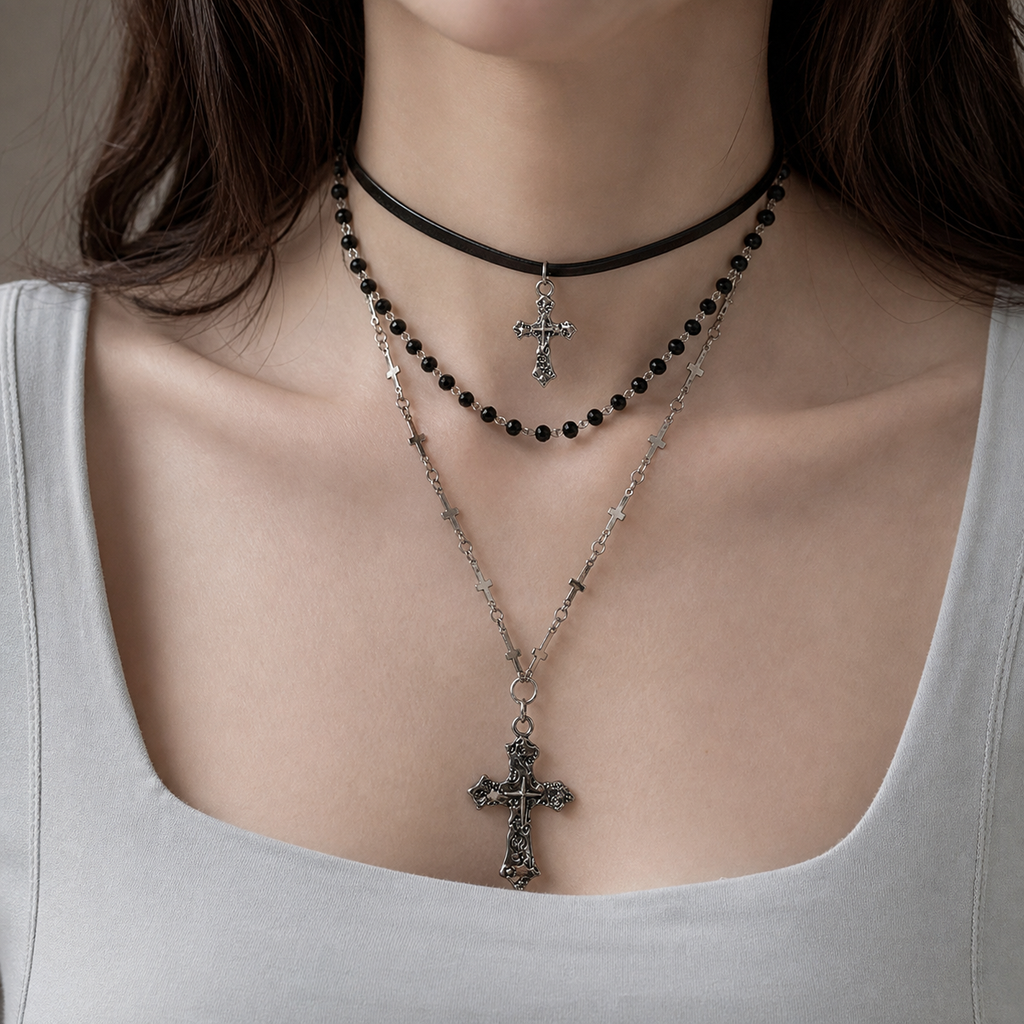Layered Y2K cross and bead necklace worn with a dove gray top