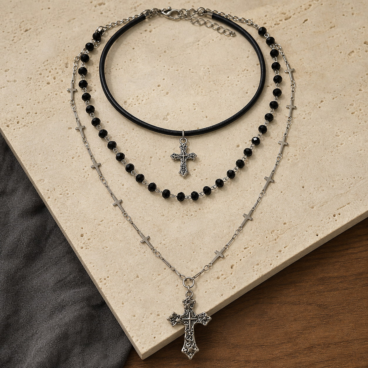 Layered Y2K cross and bead necklace arranged on travertine and walnut