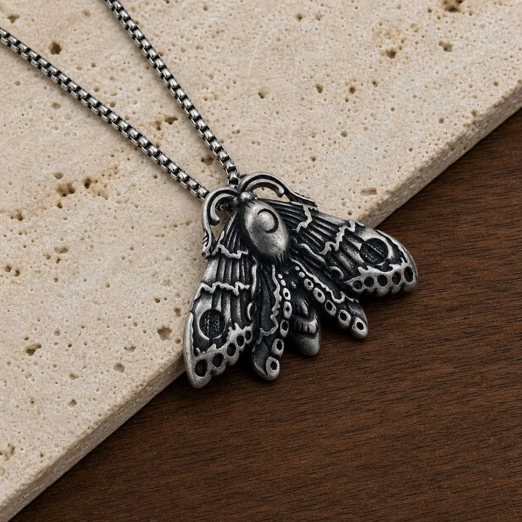 Gothic moon moth pendant necklace styled on travertine and walnut