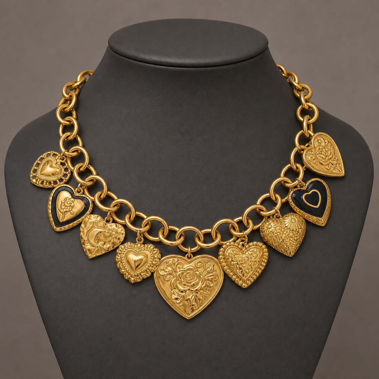 Gold multi-heart charm statement necklace on charcoal jewelry bust