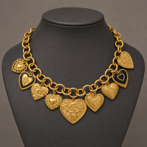 Gold multi-heart charm statement necklace on charcoal jewelry bust