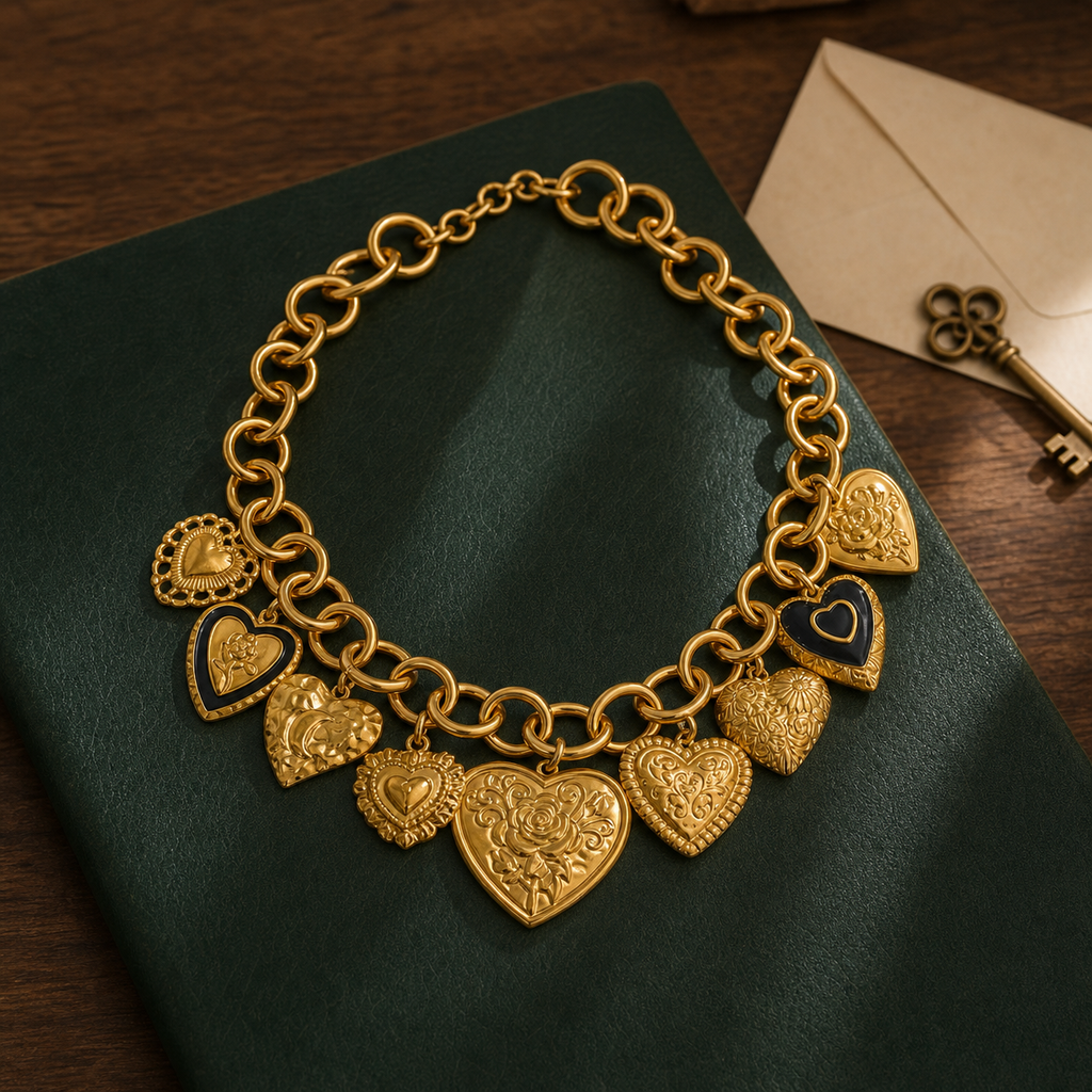 Gold multi-heart charm statement necklace on forest-green leather