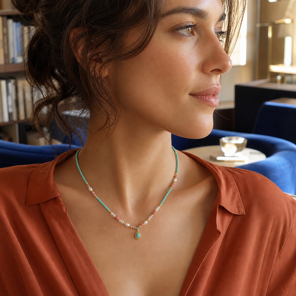 Natural-stone pearl waterdrop necklace styled in a modern art lounge