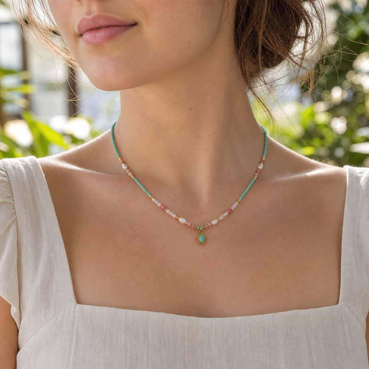 Natural-stone pearl waterdrop necklace styled in a botanical conservatory