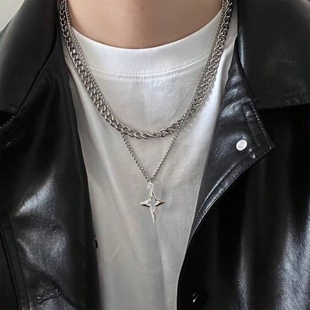 Original on-model view of silver double-layer Cuban star necklace