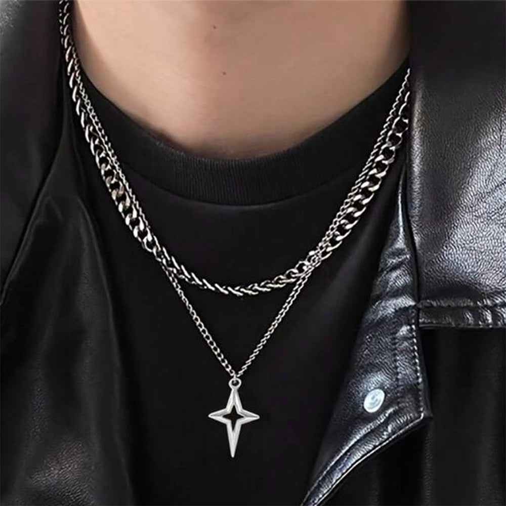 Original alternate on-model view of silver double-layer Cuban star necklace
