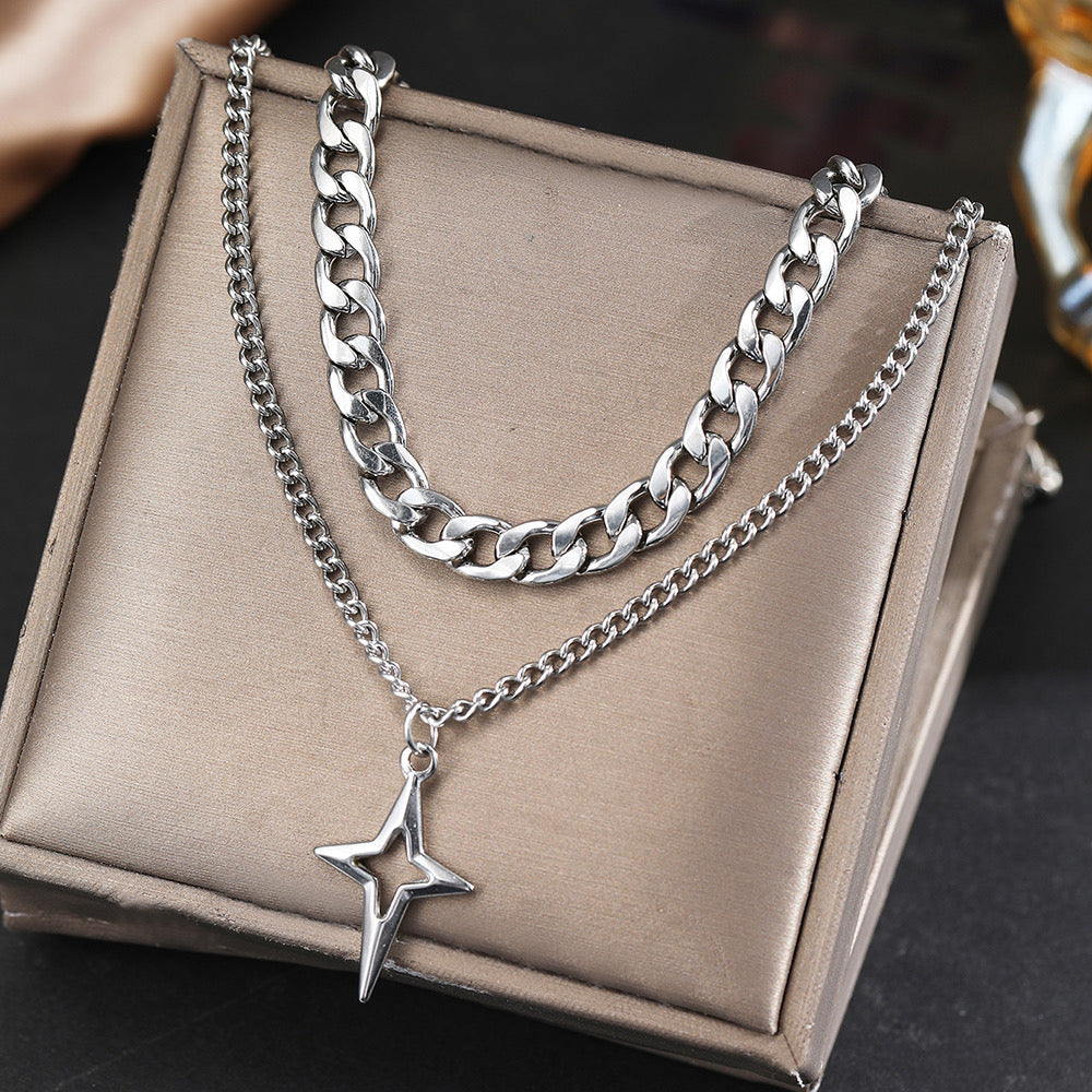 Original product display of silver double-layer Cuban star necklace