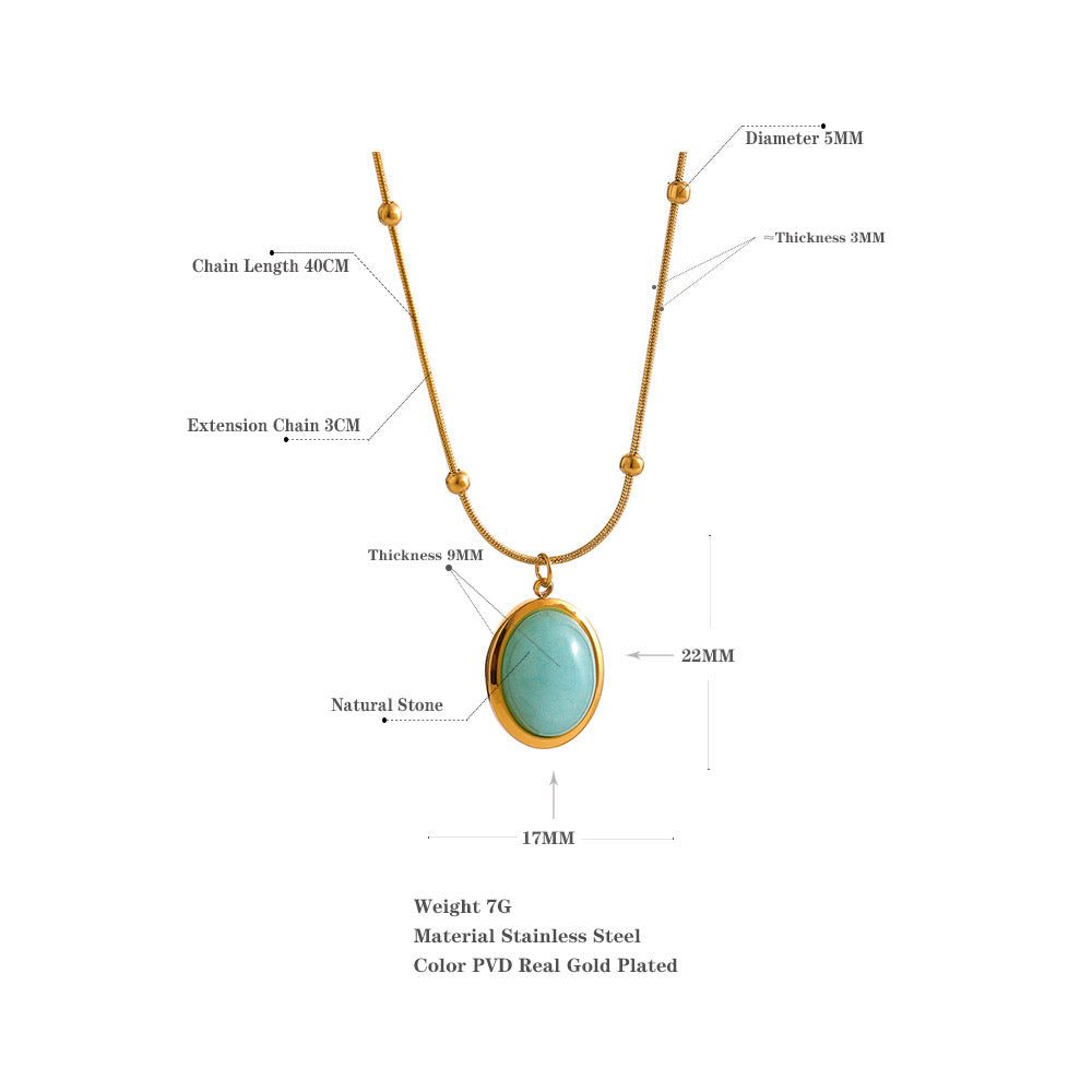 Original dimensions and materials image for green stone oval pendant necklace