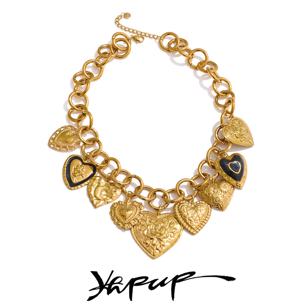 Original full product view of gold multi-heart charm statement necklace