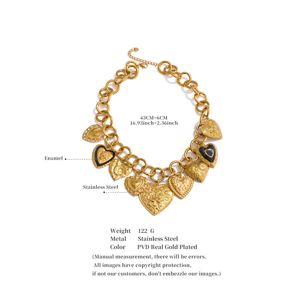 Original dimensions and materials image for gold multi-heart necklace