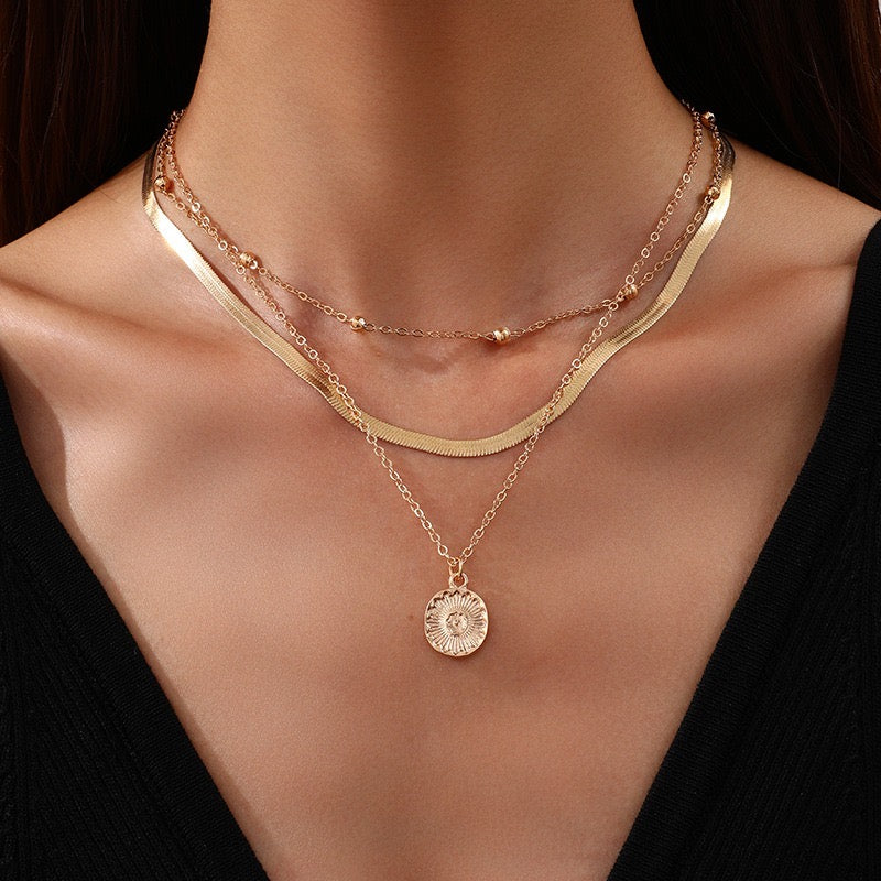Original on-model view of gold three-layer round pendant necklace