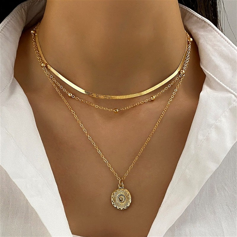 Original white-shirt view of gold three-layer round pendant necklace