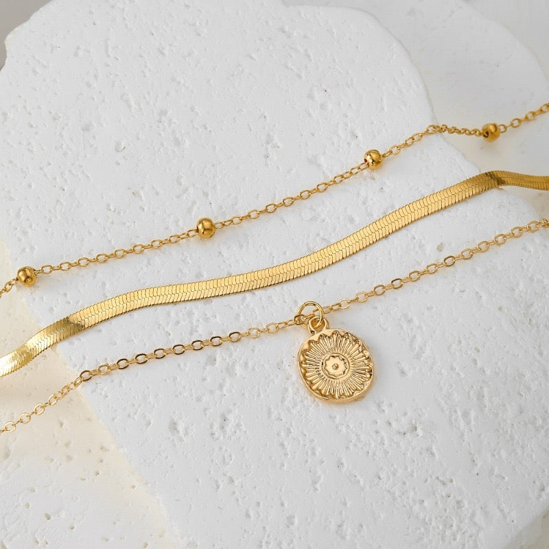 Original close detail of gold three-layer round pendant necklace