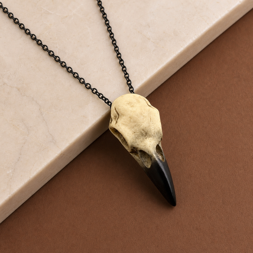 Gothic raven skull pendant necklace styled on stone and cocoa paper