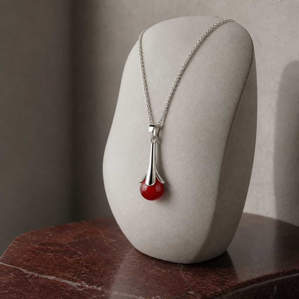 Red agate drop pendant necklace on a ceramic jewelry form