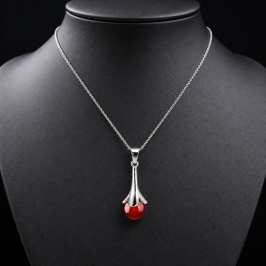 Red agate drop pendant necklace on charcoal bust