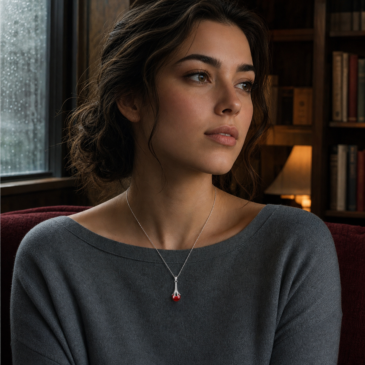Red agate drop pendant necklace worn in a reading room