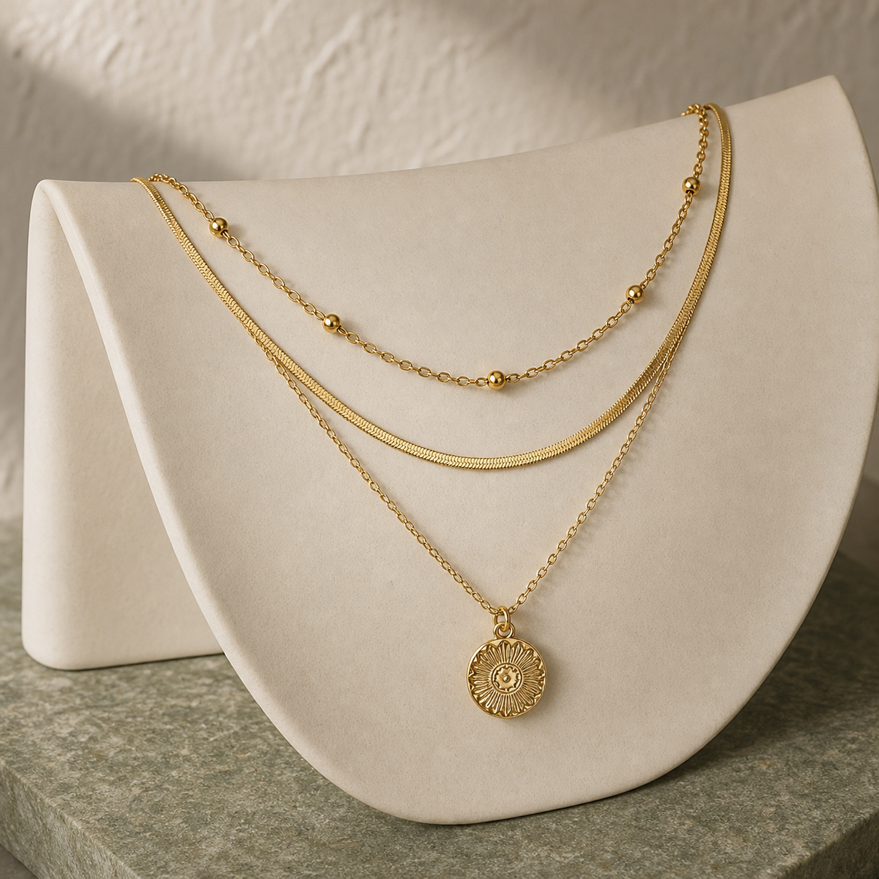 Gold three-layer round pendant necklace on an ivory ceramic form