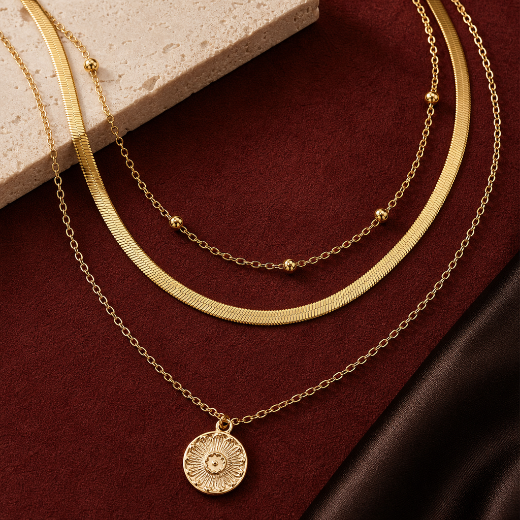 Gold three-layer round pendant necklace on oxblood suede