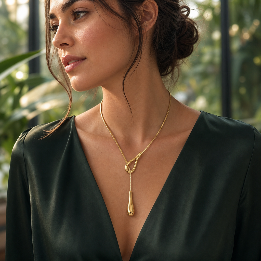 Sculptural gold waterdrop lariat necklace styled in a modern conservatory