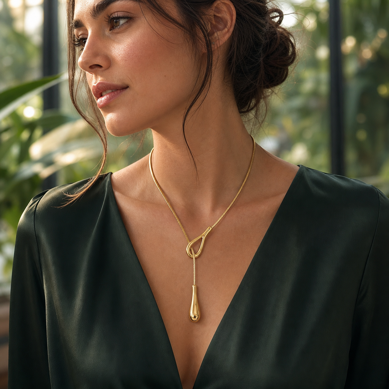 Sculptural gold waterdrop lariat necklace styled in a modern conservatory
