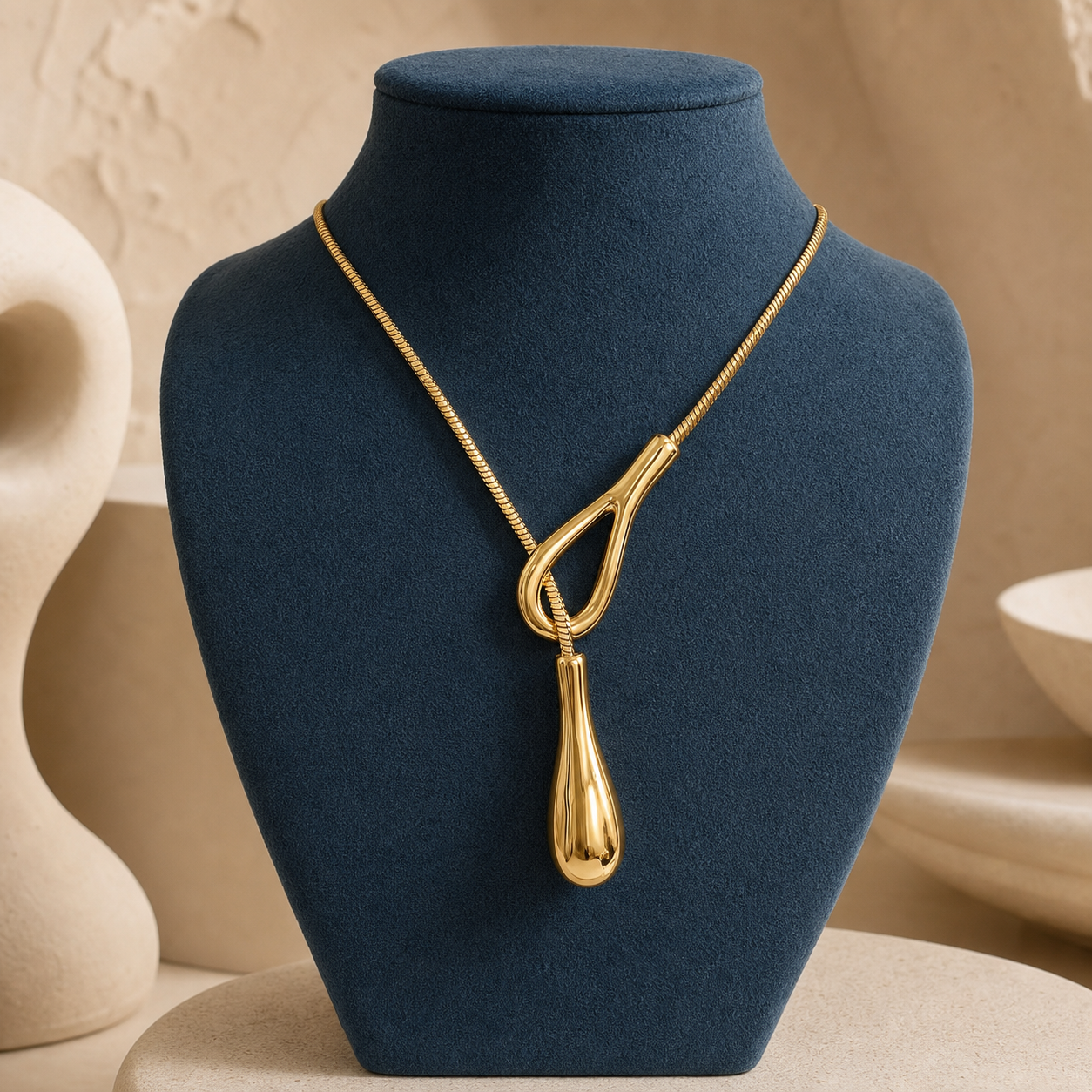 Sculptural gold waterdrop lariat necklace on petrol-blue suede bust