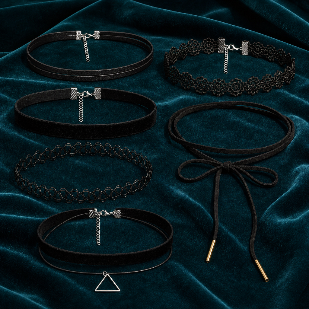 Six-piece black gothic choker set styled on deep teal velvet