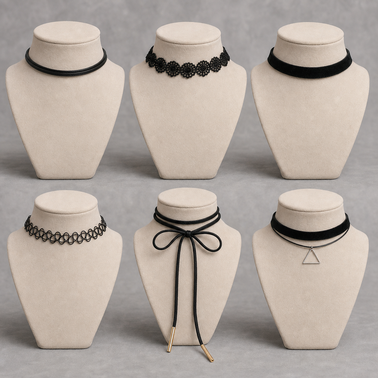 Six-piece gothic lace and velvet choker set displayed individually on light taupe forms