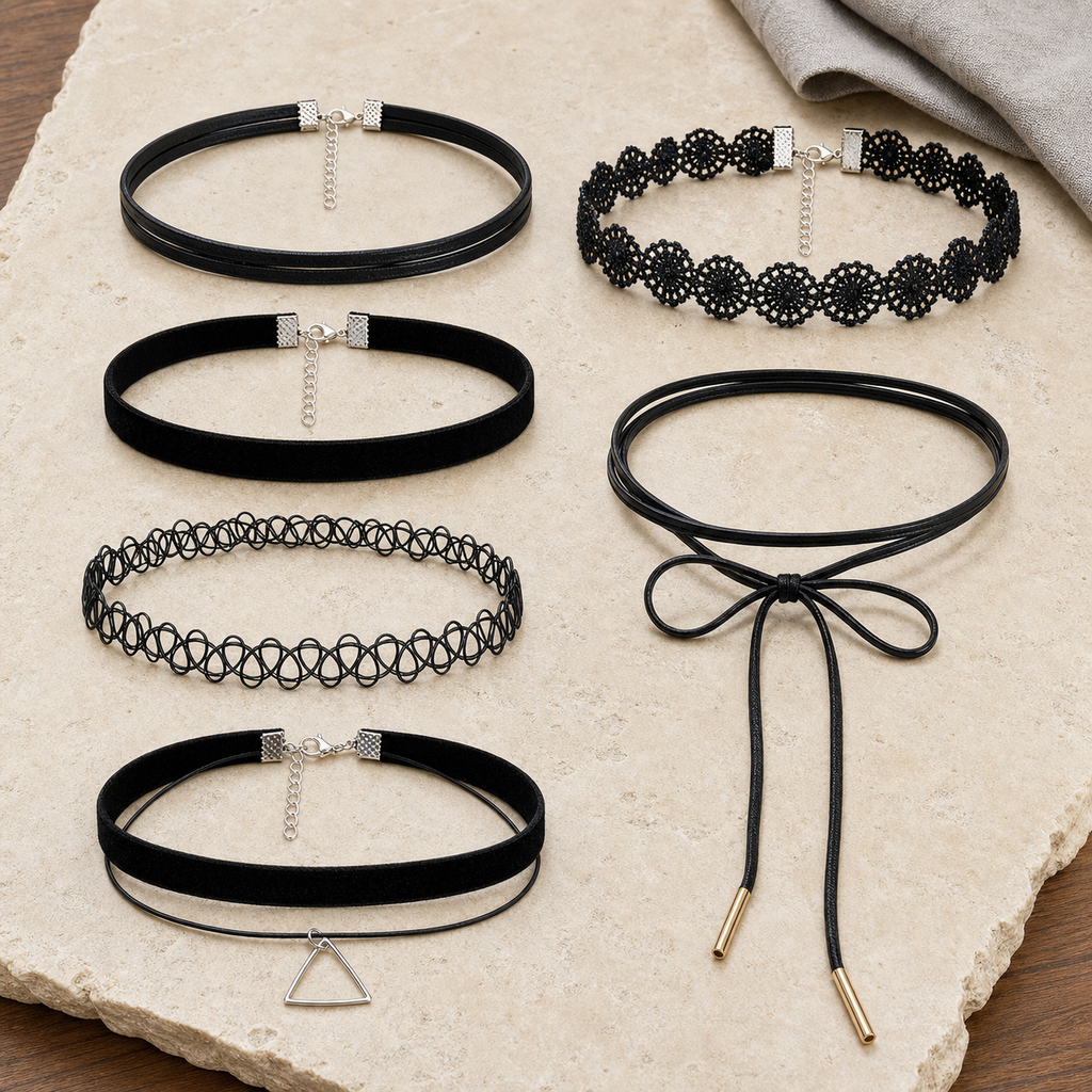 Complete six-piece gothic choker set arranged on travertine and walnut
